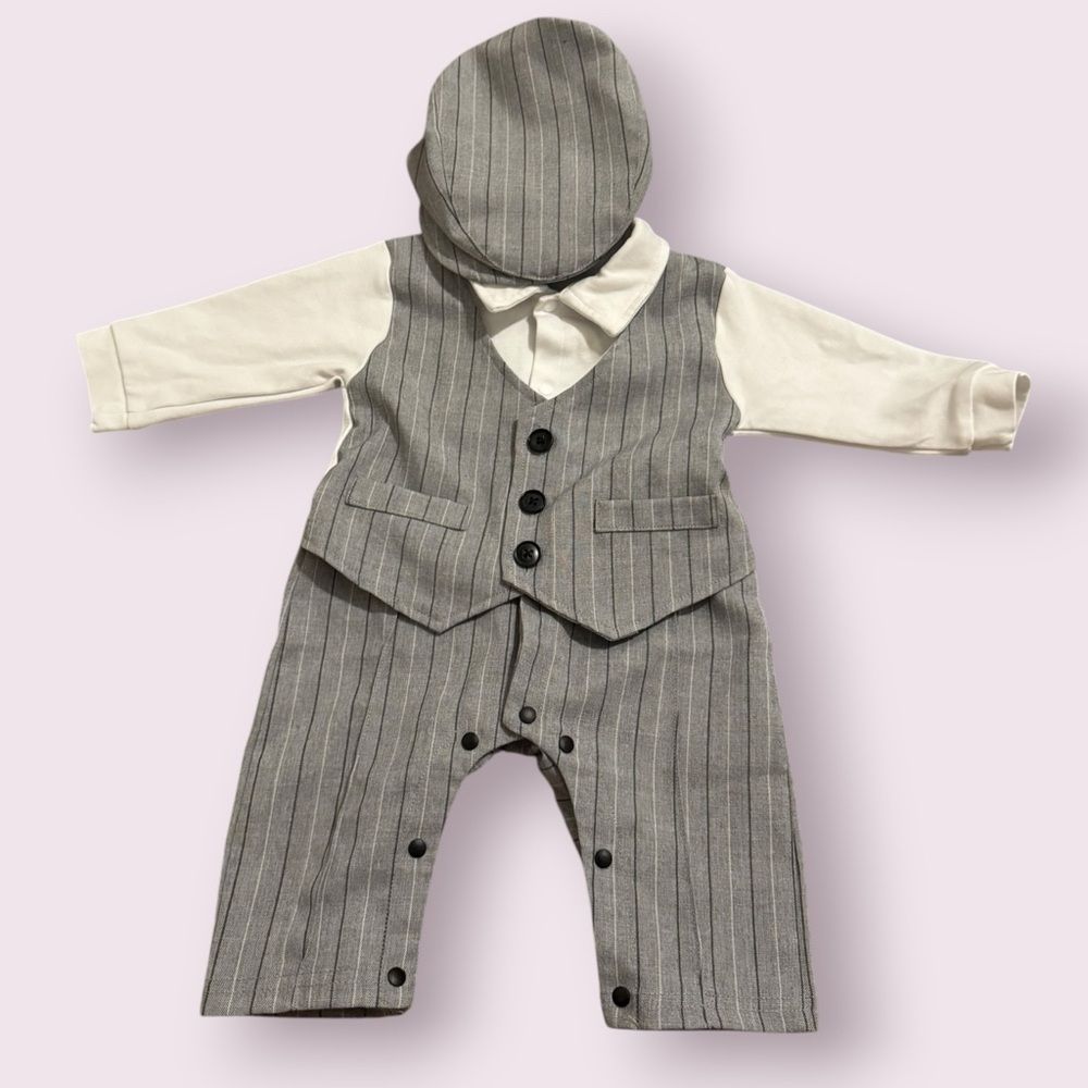 Baby Boy Pinstripe Romper Set Newsboy Hat Formal Outfit 3-6M - Picture 4 of 6